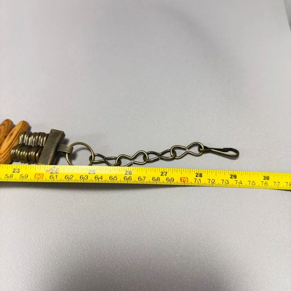 Vintage Wooden Medallian and Pegs Brass Metal Link Chain Belt
